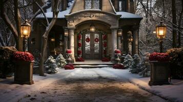 Beautiful Christmas decorated front door and porch of a house on a winter evening. Generative AI. photo