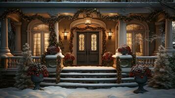 Beautiful Christmas decorated front door and porch of a house on a winter evening. Generative AI. photo