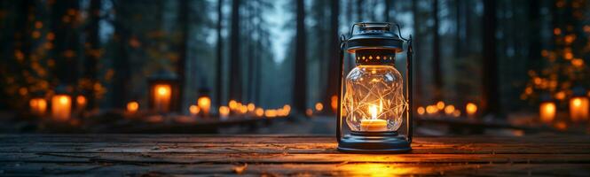 Warm and inviting lit vintage lantern resting on wood planks base outdoors In a winter setting. Generative AI. photo