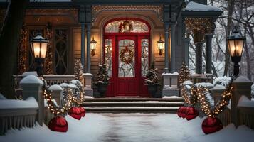 hermosa Navidad decorado frente puerta y porche de un casa en un invierno noche. generativo ai. foto