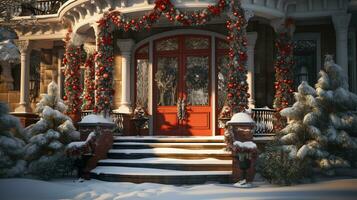 Beautiful Christmas decorated front door and porch of a house on a winter evening. Generative AI. photo