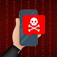 Attack. Smartphone with speech bubble and skull and crossbones on screen. Threats, mobile malware, spam messages. Vector stock illustration