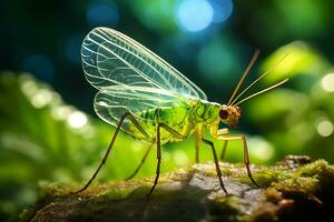 Detailed closeup on a delicate transparent lacewings on top of vibrant leaf. AI Generated photo