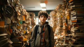 Young boy student standing bewildered flanked by towering piles to the ceiling of books and papers in classroom  - Generative AI. photo