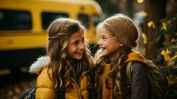 Two young student girlfriends wearing backpacks laughing near the school bus - Generative AI. photo