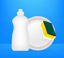 Dishwashing, washing dishes. Dishwashing liquid, dishes and yellow sponge. Vector stock illustration.