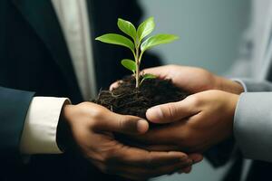 negocio personas participación suelo con planta. trabajo en equipo necesario a crecimiento de un vida planta. ai generado foto