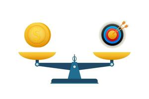 Concept of investment in target with coin, target sign and scales. Vector stock illustration