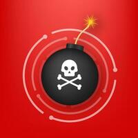 Flat illustration. Shield icon. Abstract icon with red cyber attack. Bomb logo on red background. Phishing scam vector