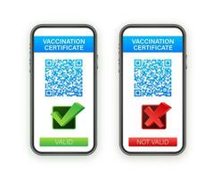 Vaccination digital certificate on smartphone. Phone screen with qr code and pass check mark vaccinated. Health passport. Vector stock illustration