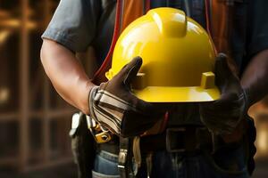 A Man holding construction helmet from front view. AI Generated. photo