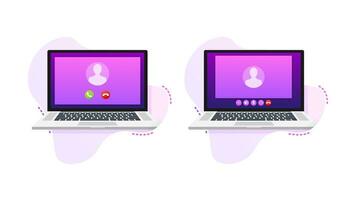 Incoming video call on laptop. Laptop with incoming call, man profile picture and accept decline buttons. Vector stock illustration