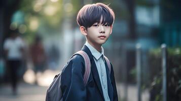 Asian student boy with backpack. Concept of back to school. AI generated photo