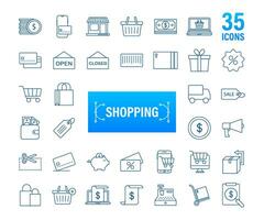 Shopping set icon for web design. E commerce. Discount coupon. Business icon. Price tag. Line vector. Vector stock illustration