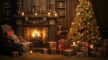 Cozy Christmas interior with a glowing tree, fireplace, and presents photo