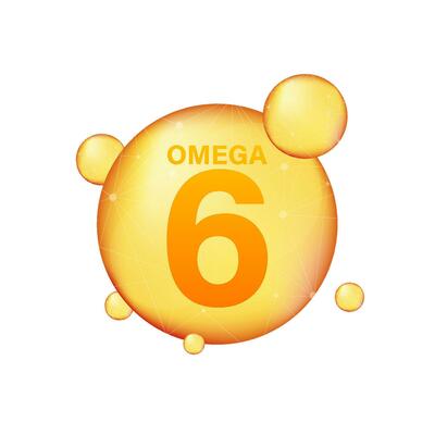 Omega 6 gold icon. Vitamin drop pill capsule. Shining golden essence droplet. Vector stock illustration.