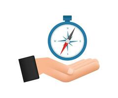 Compass icon over hands on white background. Flat vector navigation symbol. Vector stock illustration