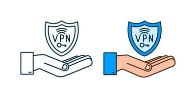 Secure VPN connection concept with hands. Hnads holding vpn sign. Virtual private network connectivity overview. Vector stock illustration