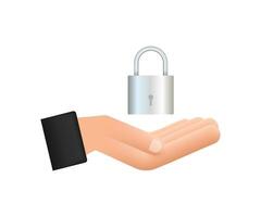 Locked realistic padlock in hands. Security Concept. Metal Lock For Safety And Privacy vector