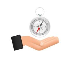 Compass icon over hands on white background. Flat vector navigation symbol. Vector stock illustration