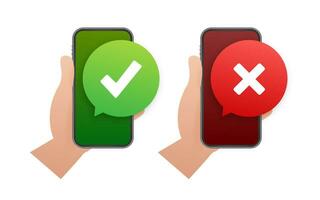 Hands holding smartphones with checkmarks set. Tick and cross check marks. Vector stock illustration.