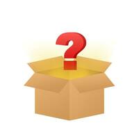 Mystery box. Packaging for concept design. Surprise present. Package design. Help symbol. Question mark icon. Vector stock illustration.