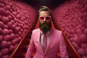 a man wear pink suit in pink world photo