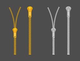 zippers type set fastener. Metallic closed and open zippers and pullers. Vector stock illustration.