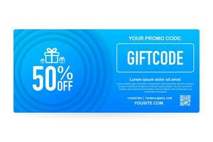Template blue gift card. Promo code. Gift Voucher with Coupon Code. stock illustration vector