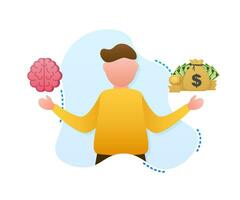 Man choosing between two options brainwork and money. Vector stock illustration.