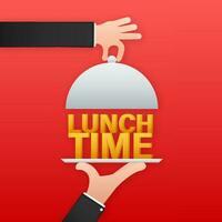 Flat icon with lunch time and hand with tray on white background for cover design. Vector icon