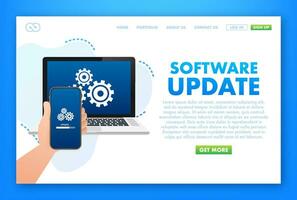 System software update, data update or synchronize with progress bar on the screen. Vector Illustration