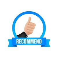 Recommend icon. White label recommended on blue background. Vector stock illustration.