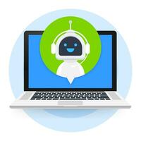 Chat Bot Using Laptop Computer, Robot Virtual Assistance Of Website Or Mobile Applications. Voice support service bot. Online support bot. Vector illustration