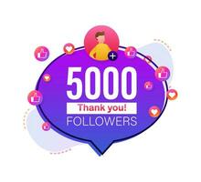 Thank you 5000 followers numbers. Flat style banner. Congratulating multicolored thanks image for net friends likes. Vector illustration