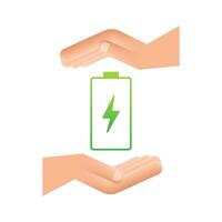 Charging battery with hands. Set of battery charge level indicators. Vector illustration