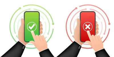 Hands holding smartphones with checkmarks set. Tick and cross check marks. Vector stock illustration