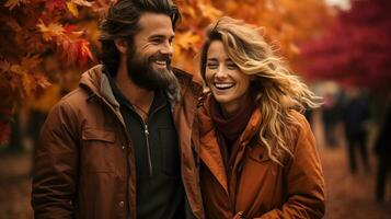 Warmly dressed young loving couple laugh as they enjoy the beautiful fall leaves in the park - Generative AI. photo