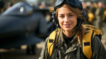 Mixed Race female fighter pilot soldier standing outside her military fighter jet - generative AI. photo