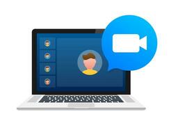 Incoming video call on laptop. Laptop with incoming call, man profile picture and accept decline buttons. Vector stock illustration