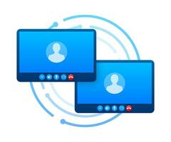 Incoming video call on laptop. Laptop with incoming call, man profile picture and accept decline buttons. Vector stock illustration