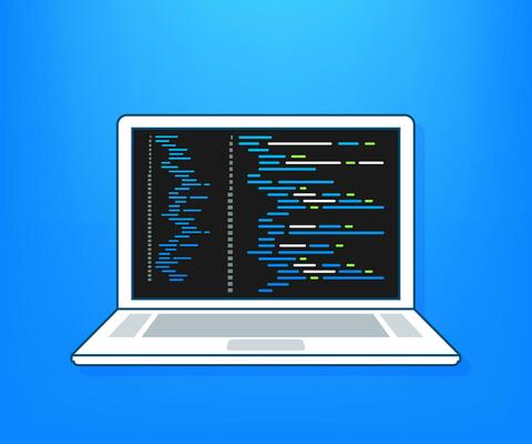 Vector laptop coding concept. Web developer, design, programming. Laptop screen code. Vector illustration