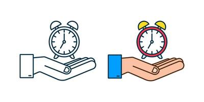 Alarm clock, wake up time in hands on white background. Vector stock illustration