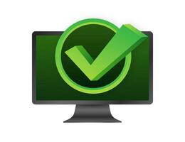 Computer with checkmark or tick notification in bubble. Approved choice. Accept or approve checkmark. Vector illustration