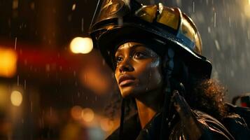 Female African American firefighter wearing protective helmet and gear at a fire incident - generative AI. photo