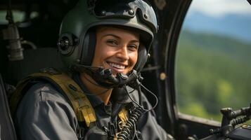 Female African American military helicopter pilot in the cockpit - generative AI. photo