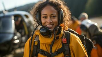 Female African American search and rescue helicopter pilot standing near her aircraft - generative AI. photo