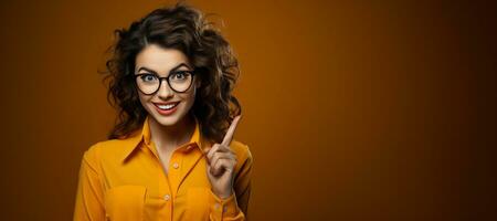 Happy young adult girl wearing glasses and pointing to one side in front of a colorful background banner - generative AI. photo