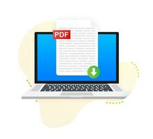 Download PDF button on laptop screen. Downloading document concept. File with PDF label and down arrow sign. Vector illustration.