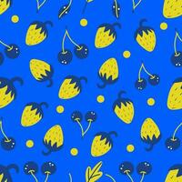 yellow-blue strawberries and cherries on a bright blue background. seamless pattern vector